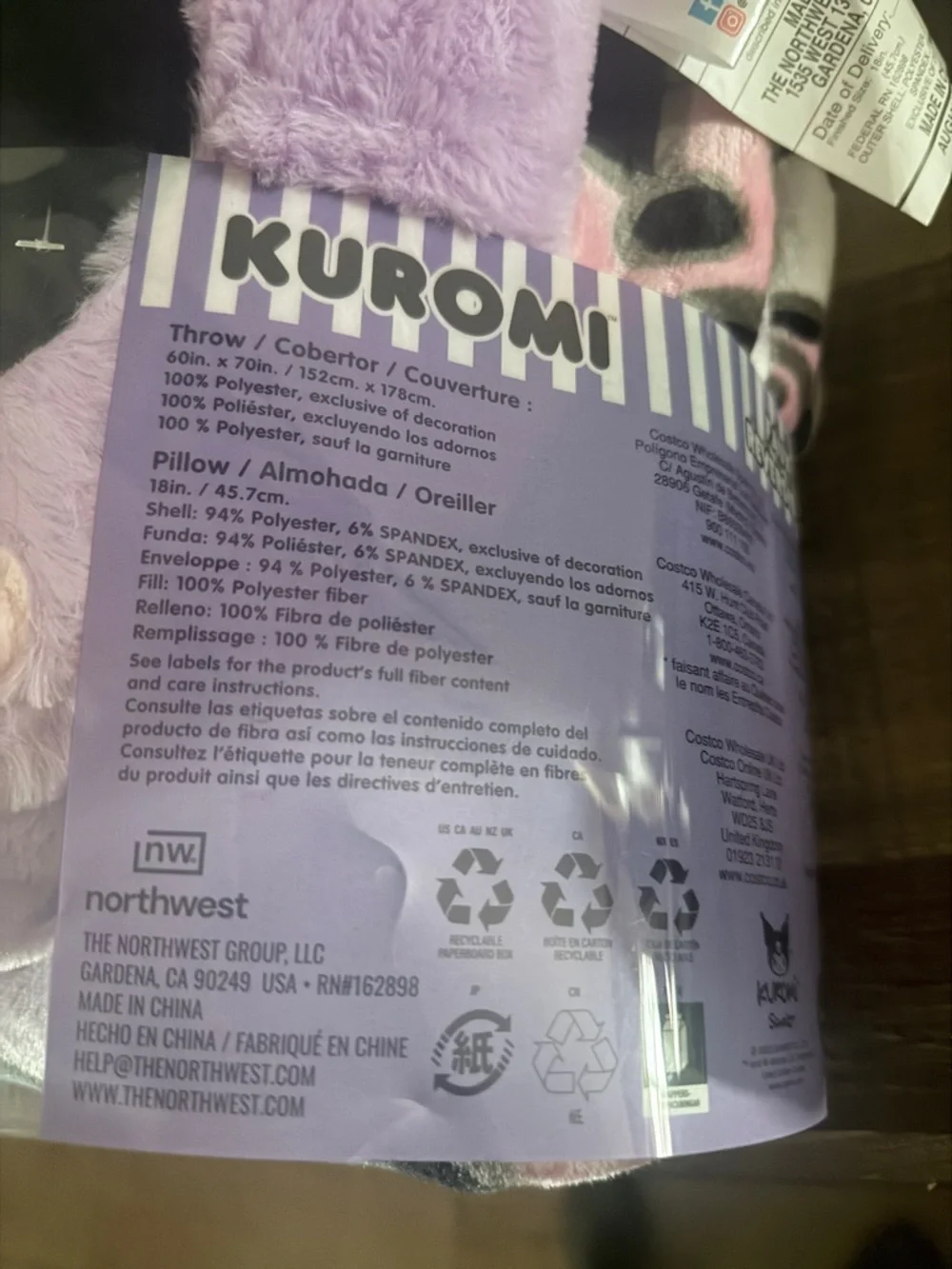 Kawaii Sanrio Kuromi Plush Pillow and Blanket Set - Lavender